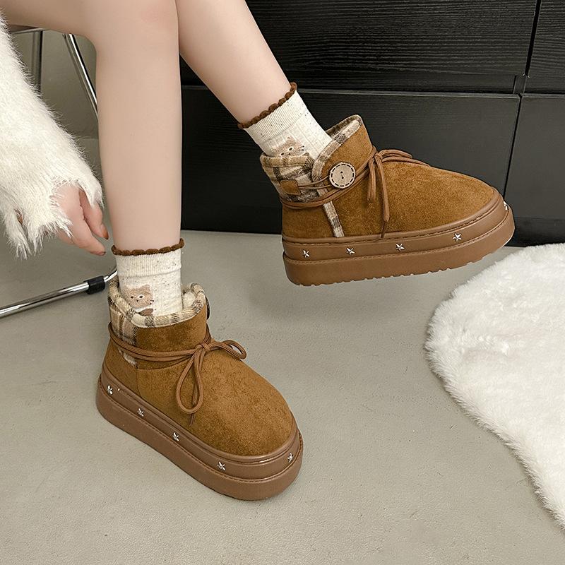 Women's Lace-up Fashion Lightweight Height-enhancing Thick Sole Winter Warm Fur One Snow Boots Plush Lined Non-slip Casual Sports Cotton Boots