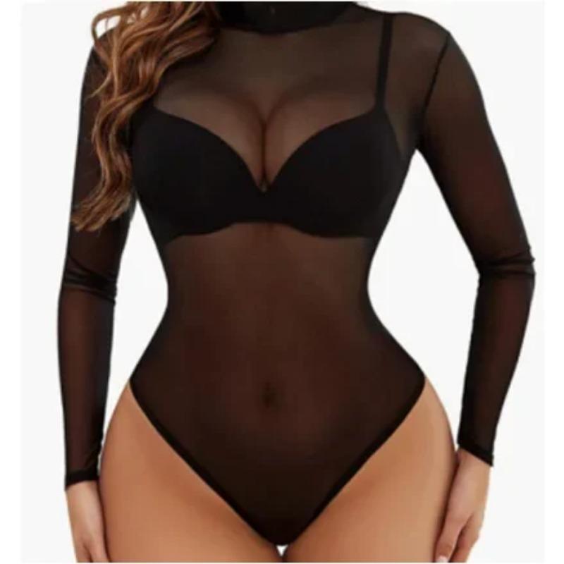 New Fashionable Sexy Long-sleeved Turtleneck Lace Sexy Textured High-waisted Fun Onesie Pajamas See-through See Through Bodysuit