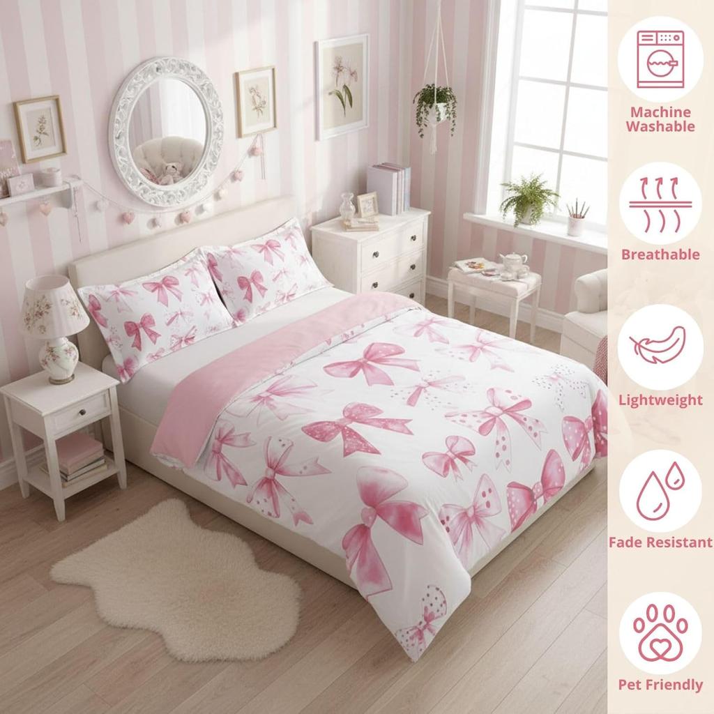 Pink Ribbon Bow Duvet Cover Set Single Size Dreamy Coquette Bedding Set With 1 Pillowcase For Princess Girls