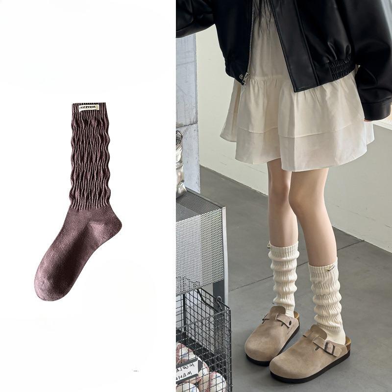 Calf Pile Socks for Women In Spring and Autumn, Brown Long and Medium Combed Cotton Long Socks for Women In Autumn and Winter