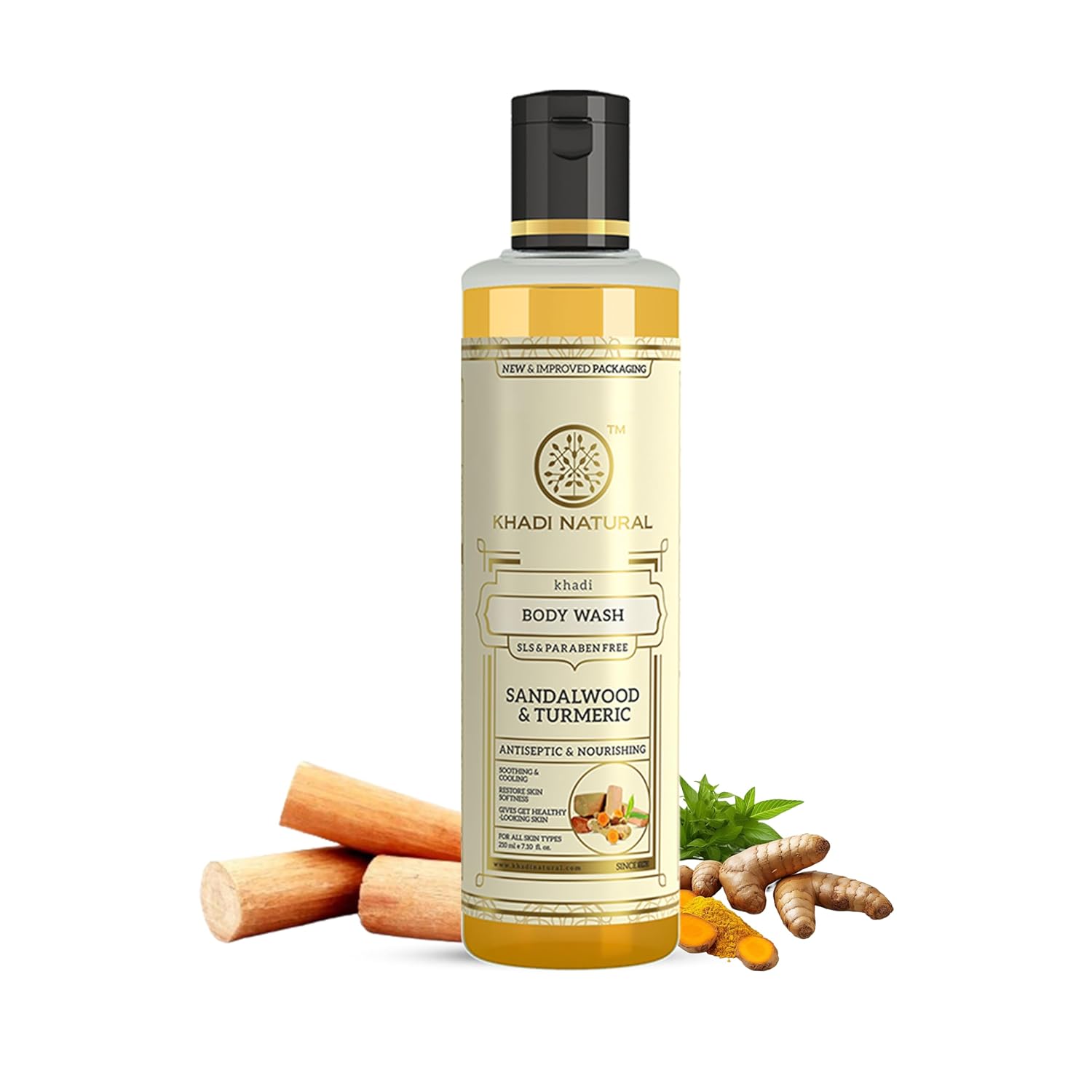 

Khadi Herbal Sandal And Turmeric Body Wash 210 ml SLS Paraben Free Gentle Cleansing Shower Gel For Soft Glowing Skin