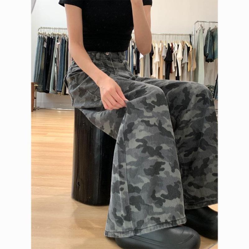 American Retro Camouflage Wide-Leg Jeans: Women s Spring Slimming Loose Fit Pants 2XL