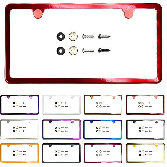 Two Holes Slim License Plate Frame Neo Chrome Aurora Electroplating Burnt Titanium Mirror Chrome Universal Fit Anti Rust Metal Screw On Cap Cover,