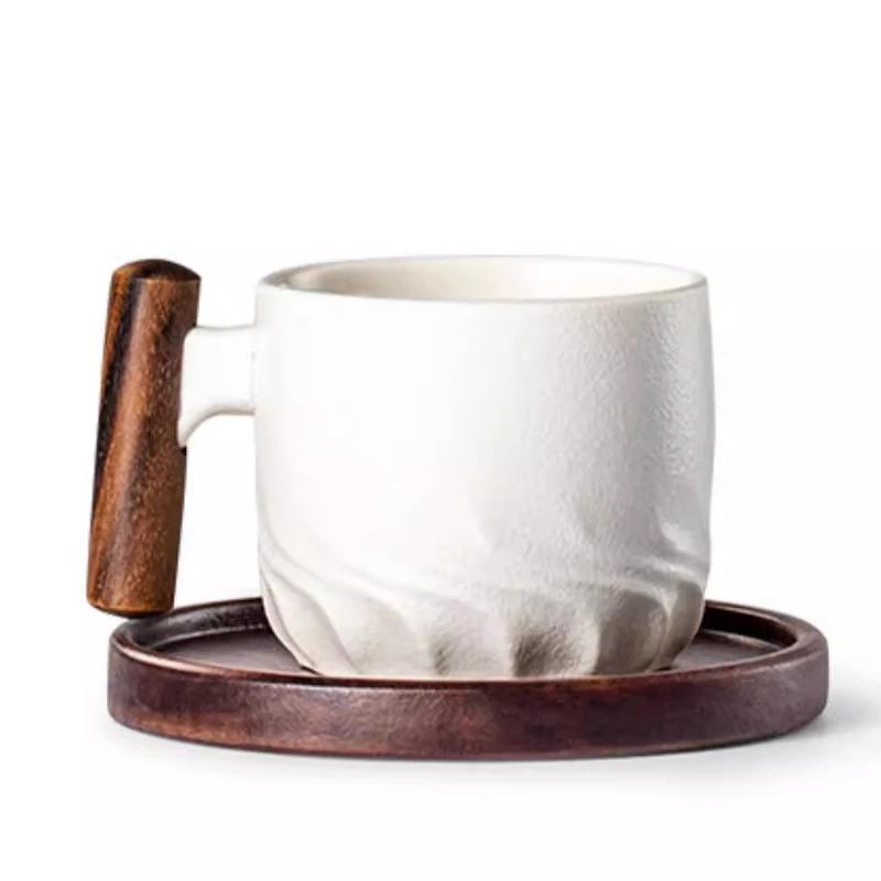 Wooden Handle Ceramic Coffee Cup Kung Fu Teacup Frosted Ceramic Mug Household Drinking Utensils Home Decoration Latte Flower Mug