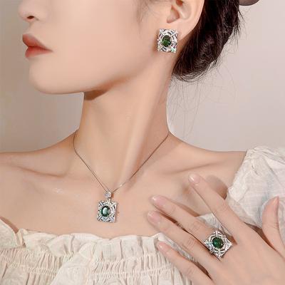 Necklace Earrings Ring Set Jewelry Emerald Treasure High Sense Women'S