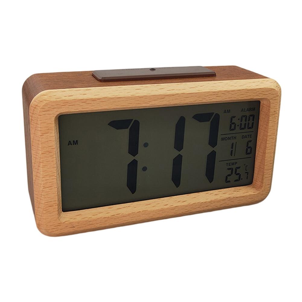 Digital Wooden Alarm Clock with LED Display Featuring Time and Temperature Customizable Alarm and Snooze for Bedroom or Desk