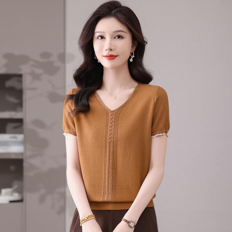 SNOWFLYING Women s Lyocell V-Neck Embellished Short Sleeve Knit Top M
