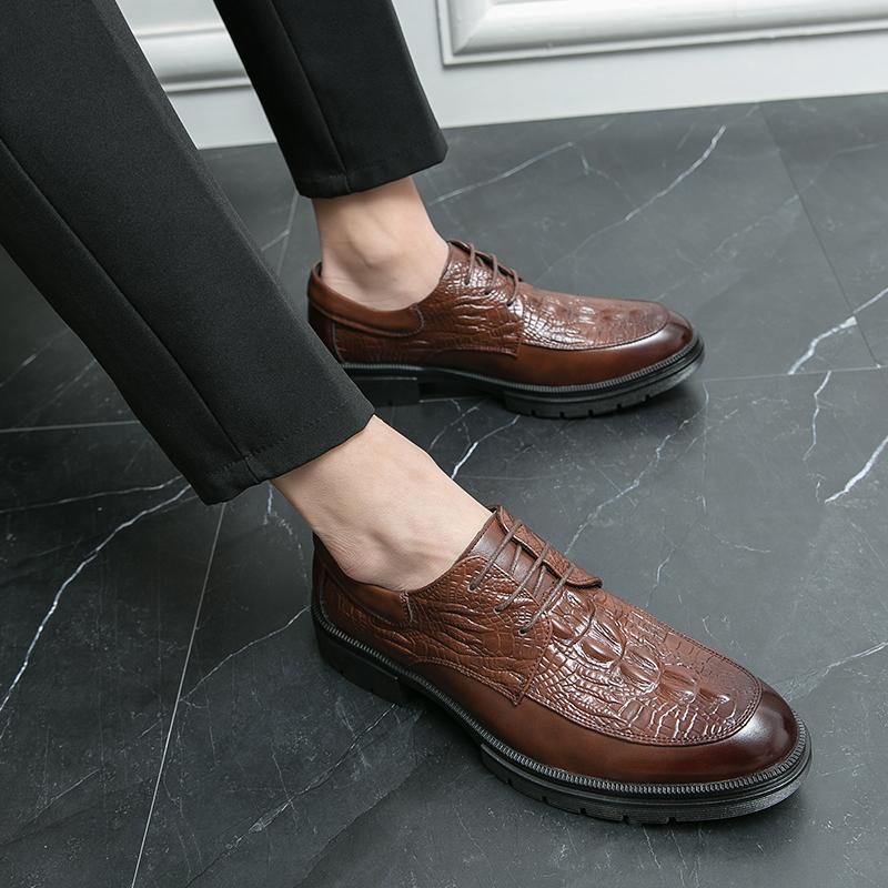 Classic Crocodile Pattern Leather Shoes for Men Lace Up Round Toe Oxfords Formal Wedding Party Office Business Casual Dress Shoe