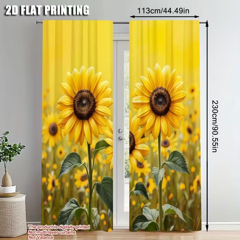 2 Pcs Sunflower Print Curtains,Suitable For Bedroom,Living Room Kitchen Decoration,Home Decoration,Window Decoration