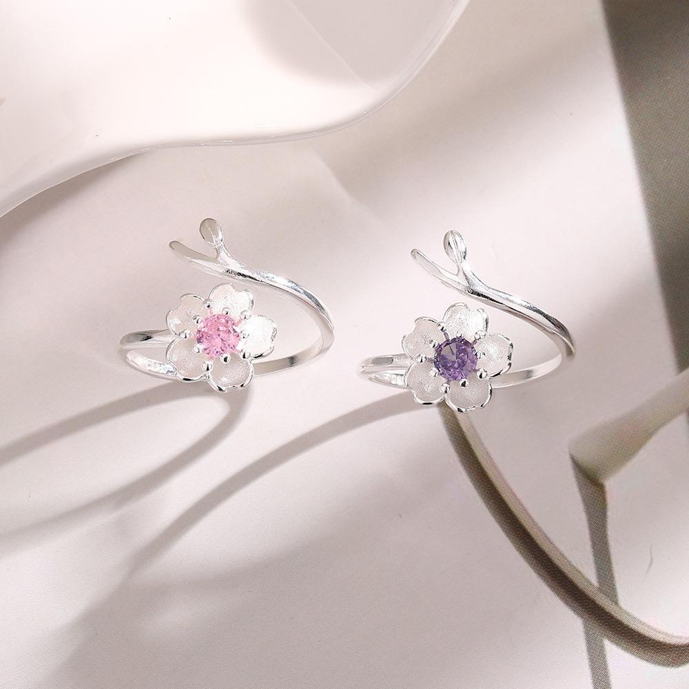 New Creative Romance Pink Purple Zircon Cherry Blossoms Opening Rings for Women Stainless Steel Flower Finger Jewelry Accessory