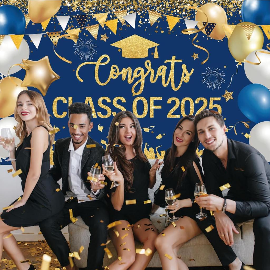 Congrats Class of 2025 Banner Blue Gold Graduation Decorations - Large 2025 Graduation Photo Backdrop, Navy Blue Congratulations Banner Grad Party