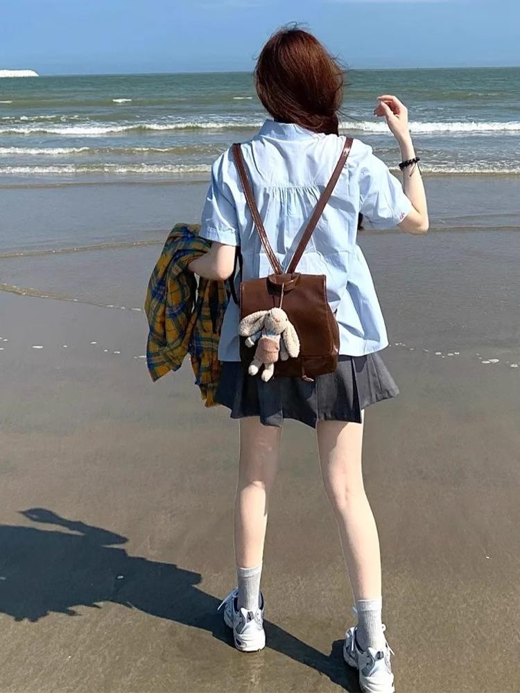College Style Blue Short-sleeved Shirt Women's Summer New Korean Sweet Loose Shirt Pleated Top