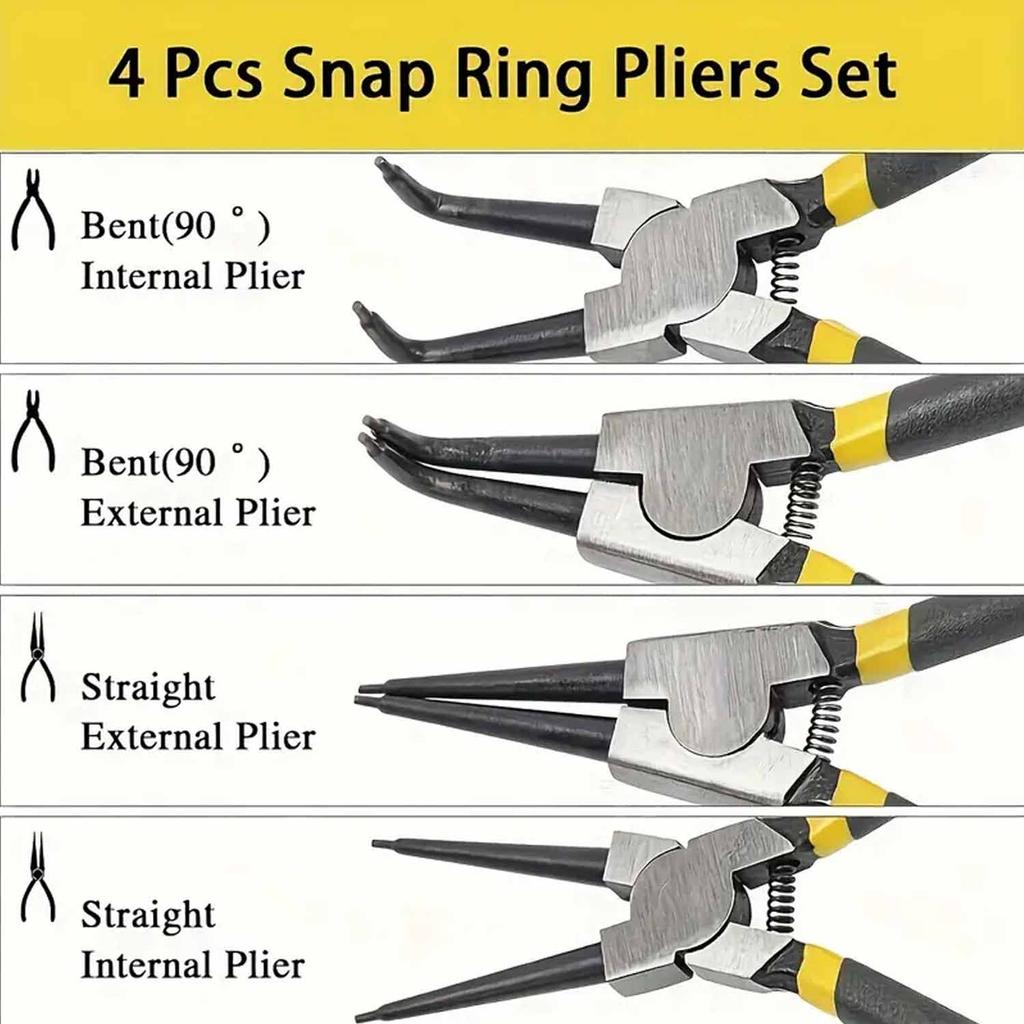 4pcs Circlip Plier Set 7'' Long Nose Plier Staight Bent Plier Inner Outer Staight Bent Plier Retaining Snap Ring Remover Tool