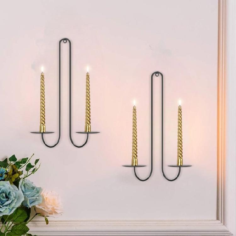Black Metal Candle Sconces Double Armed Wall Mounted Iron Candle Holders Candlestick for Romance Living Room Decoration