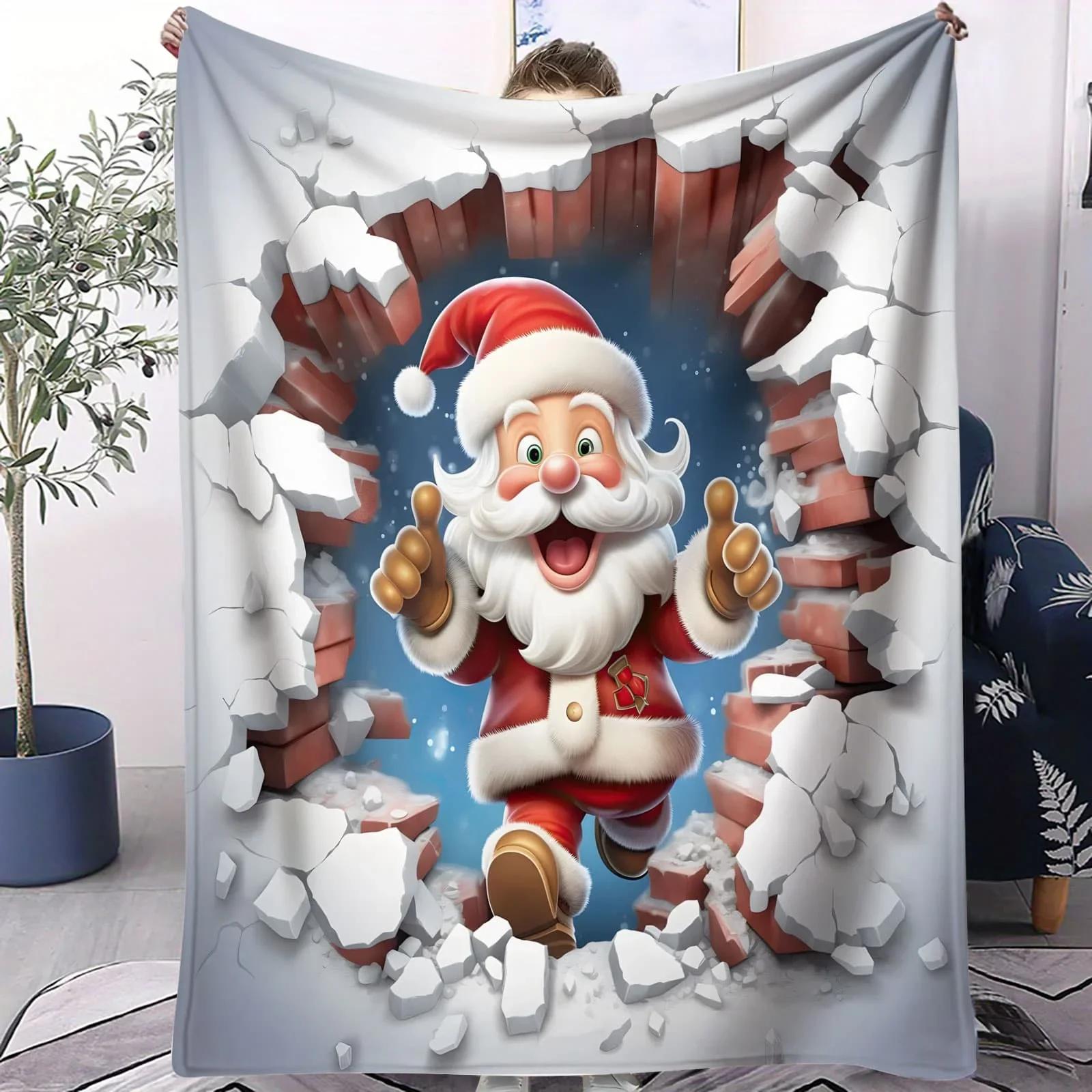 Christmas Flannel Blanket with Santa Reindeer Penguin Print  Cozy Throw for Sofa Bedroom Camping  Perfect Gift for Kids Couples 75x90cm
