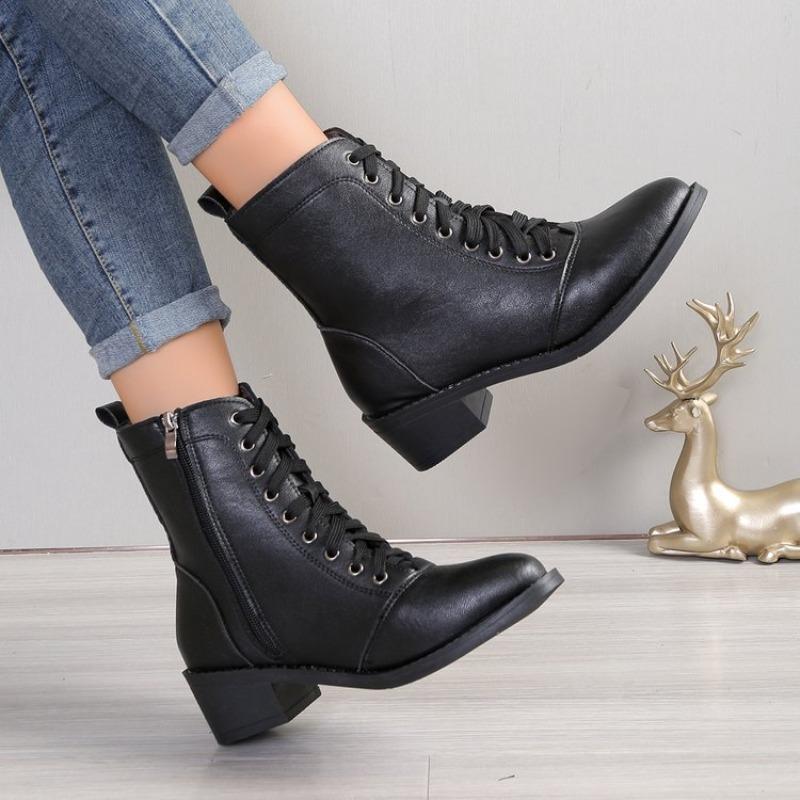 Women's British Style Casual Martin Boots, High-Top Zipper Ankle Leather Shoes, Fashion Fall Winter Boots
