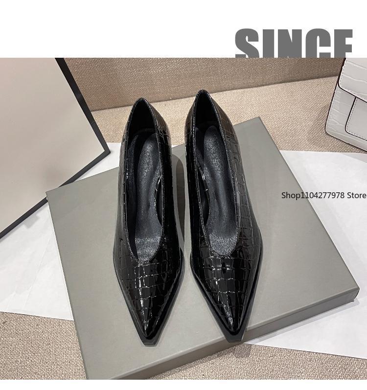 Fashion 2025 Fall and Winter Slope Heel Pointed Toe V Mouth Women's Single Shoes Black 4cm Women's Shoes Middle Heel Retro Granny Shoes