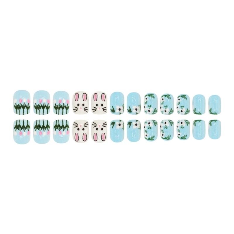 Spring Easter Nail Art Manicure Set 24Pcs Short Square False Nail With Rabbit And Flowers Stick on Nail for Party