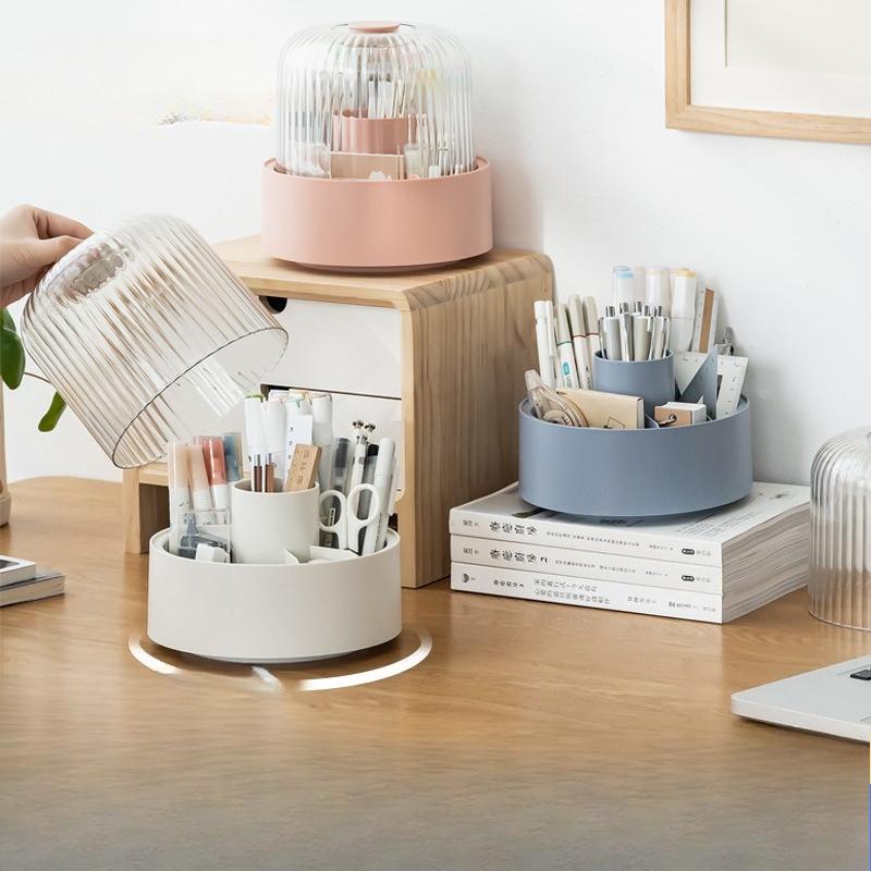 Light Luxury Rotating Belt Dustproof Plastic Pen Holder, Office Stationery Desktop Organizer Box