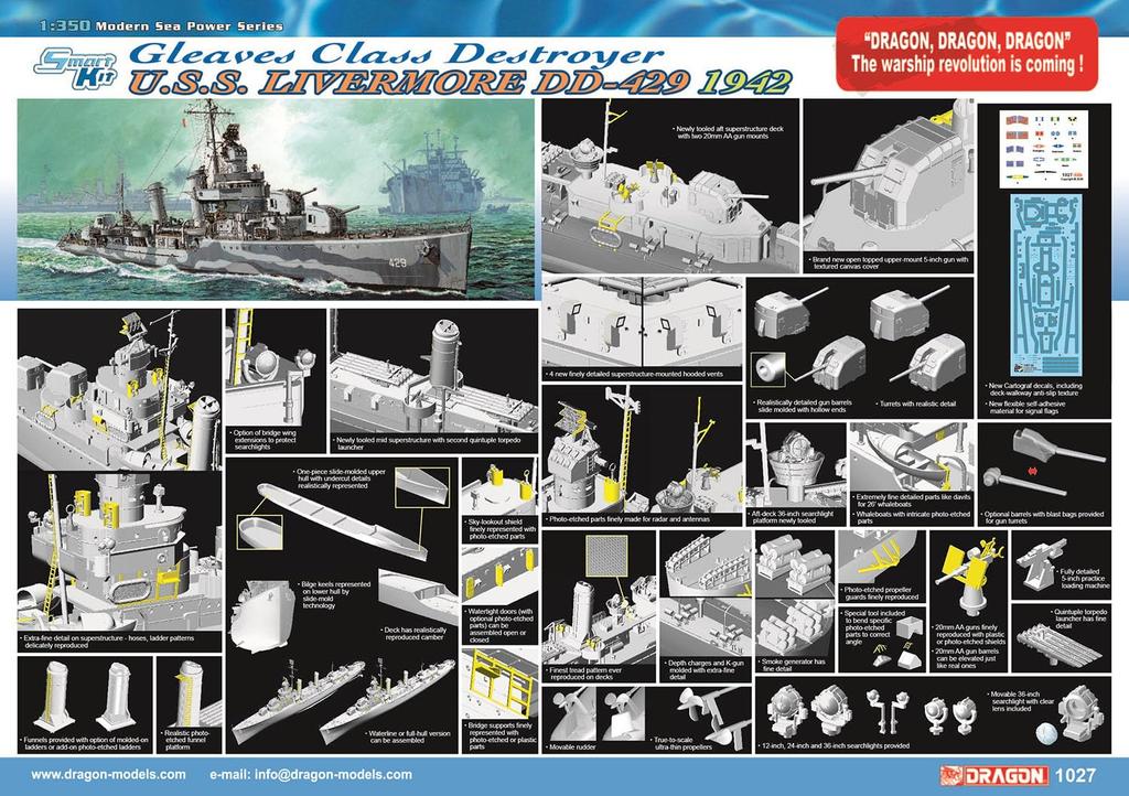 Platz Dragon 1/350 WWII U.S. Navy Greaves-class U.S.S. Livermore DD-429 1942 Plastic Model Kit DR1027