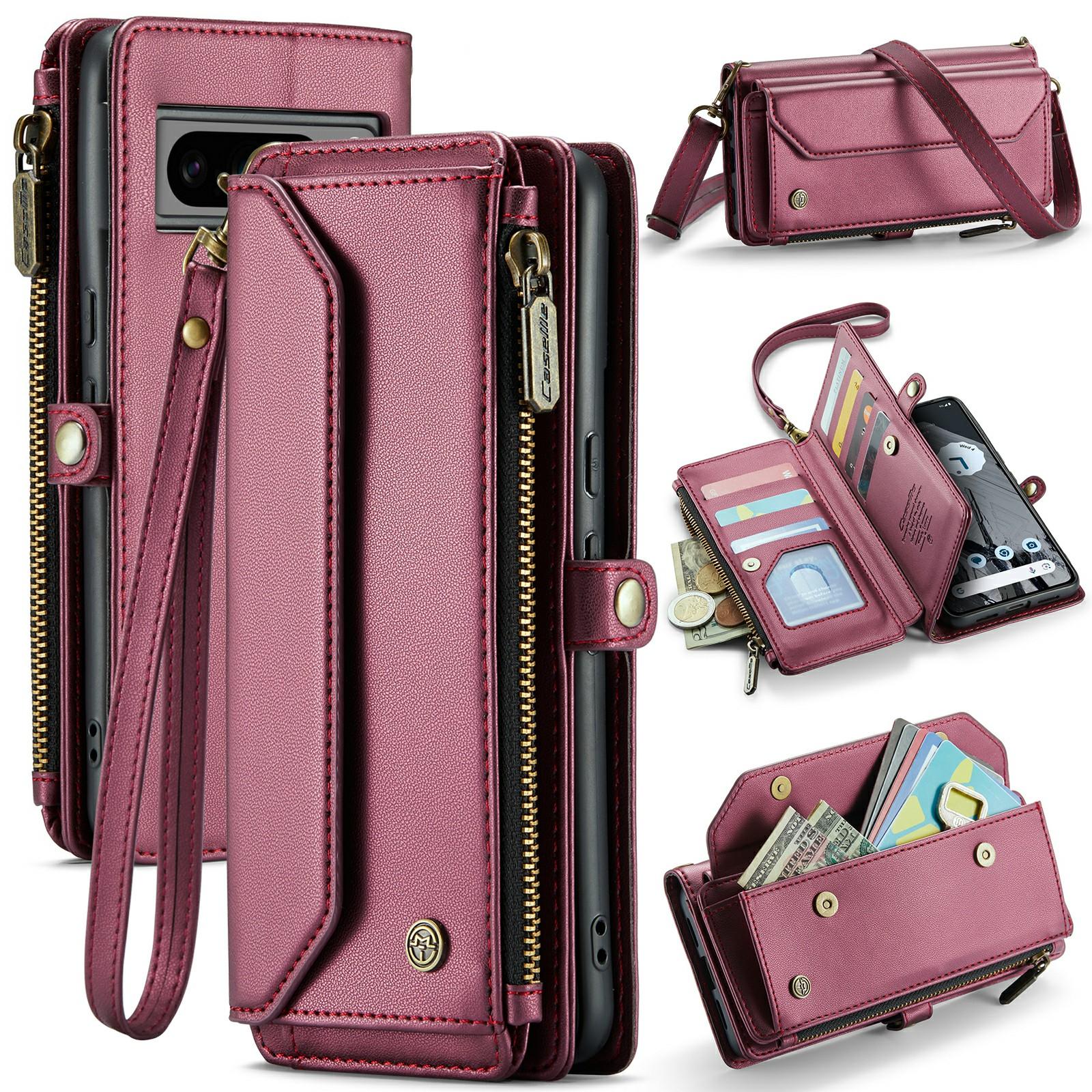 

For Google Pixel 8 Pro Leather Case CASEME C36 Zipper Multiple Card Slots Phone Cover with Straps Wine Red
