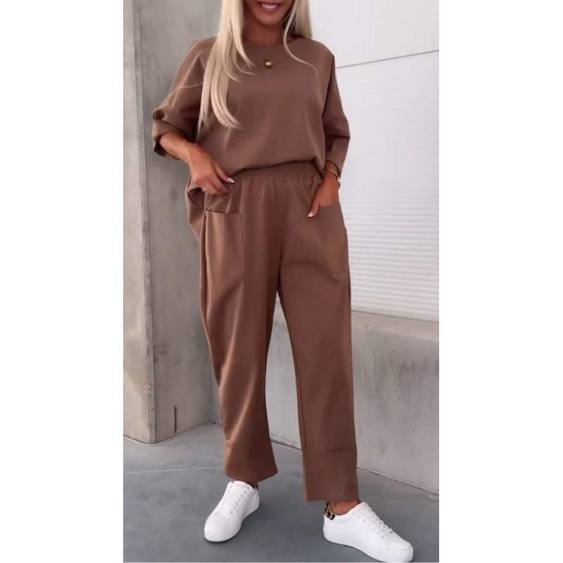 

Женский осенний свободный повседневный костюм-двойка: однотонный свитшот с круглым вырезом + укороченные брюки 5XL