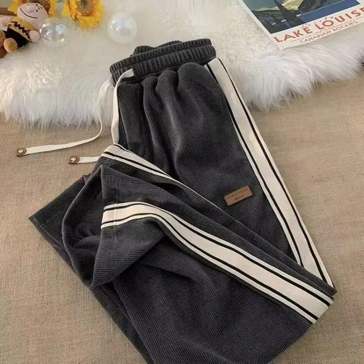 Autumn Winter Fleece-Lined Loose-Fit Straight-Leg Casual Trousers for Men and Boys Trendy Sports Casualtrousers High Street