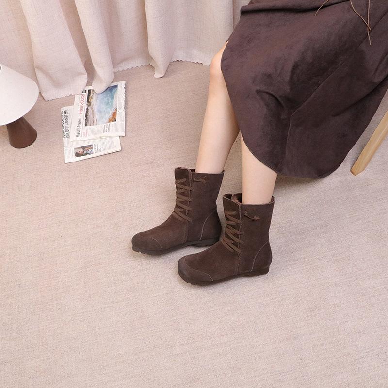 Johnature Plush Cow Suede Plush Women's Mid-calf Boots Retro Lace-up Warm Flat Bottom Snow Boots