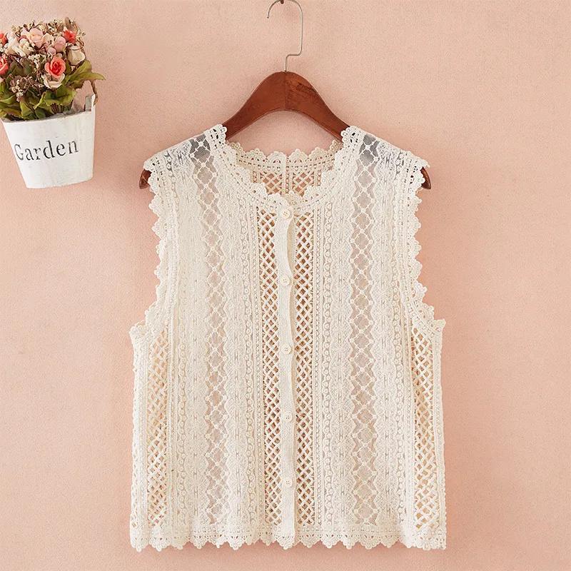 

Summer White Lace Vest for Womens Sleeveless Button Down Top OneSize бежевый
