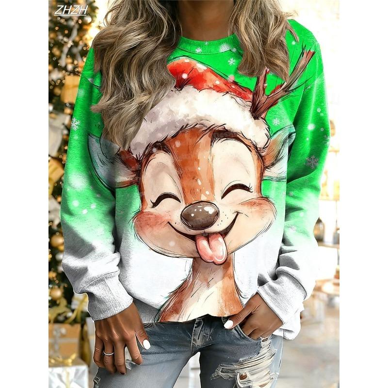 Women's Pullover Graphic Reindeer Ugly Christmas Casual Long Sleeve Crew Neck Regular Tops Street Dailywear