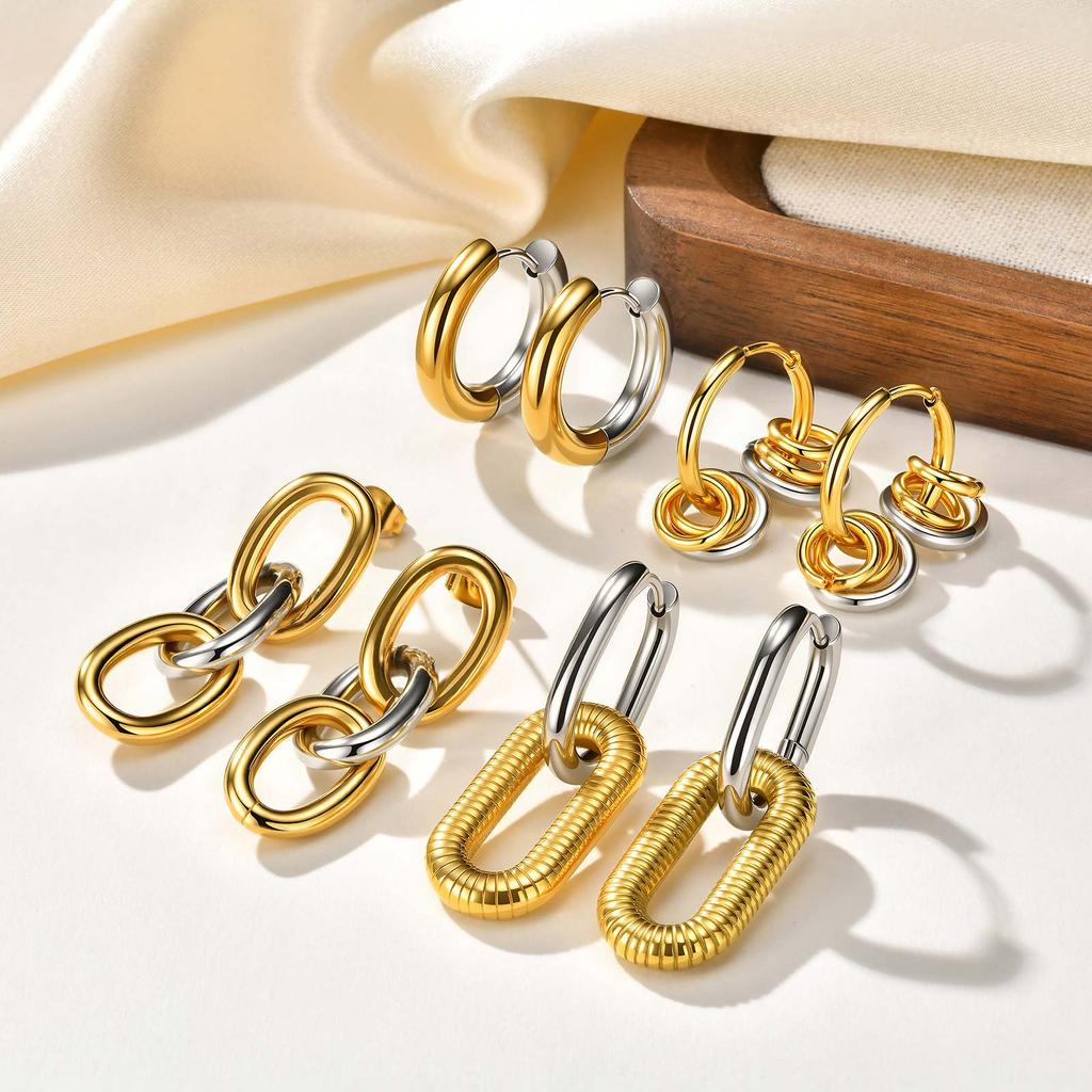 Two Tone Hoop Earrings for Women, Stainless Steel Gold-Silver Color Small Circle Square Huggie Hoop Earrings Trendy Jewelry