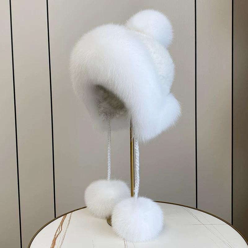 New Winter Warm Mink Hair Woven Fox Hair Ear Protection Fur Hat Female Cute Real Hair Ball Snow Hat