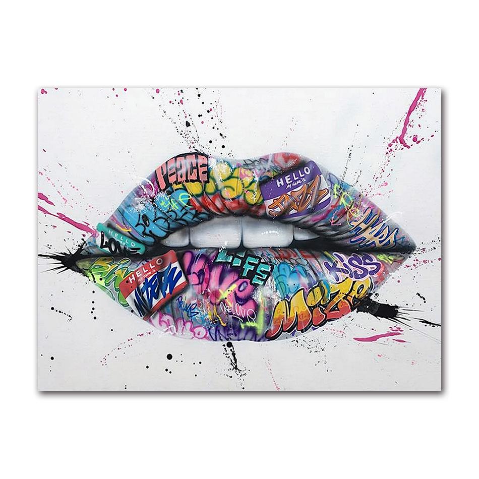 Show Teeth Lips Graffiti Art Painting Street Kiss Posters and Prints Wall Art Picture for Living Room Bedroom
