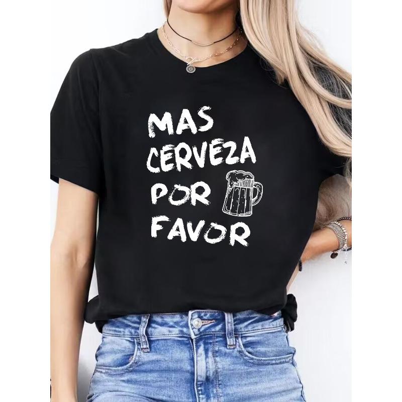 

Women s Casual Sports Top, Round Neck, Short Sleeve, Spanish Letter Print, For Spring And Summer 4XL
