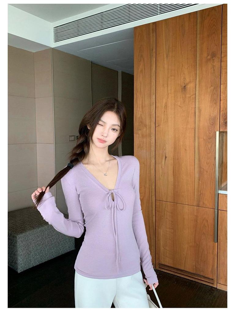 Spicy Girl V-neck Bow T-shirt: Women's Slim-Fit Long Sleeve Top for Early Spring