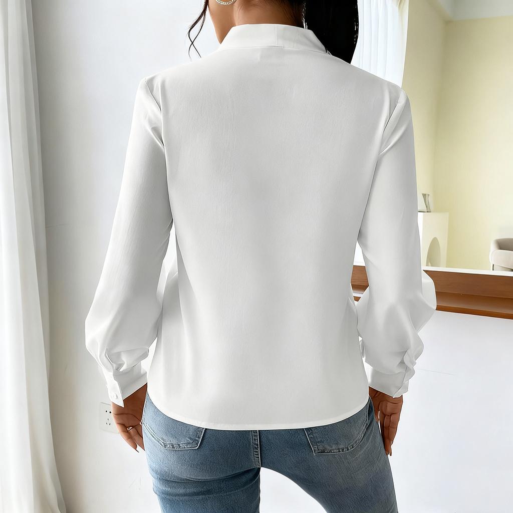 Women Solid V Neck Draped Lantern Long Sleeve Blouse