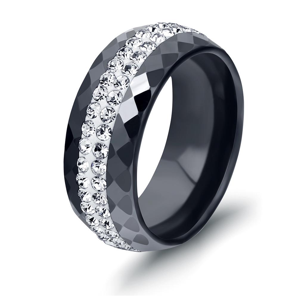 8MM Black and White Ceramic Ring with Dual Row Inlaid Diamonds for Women