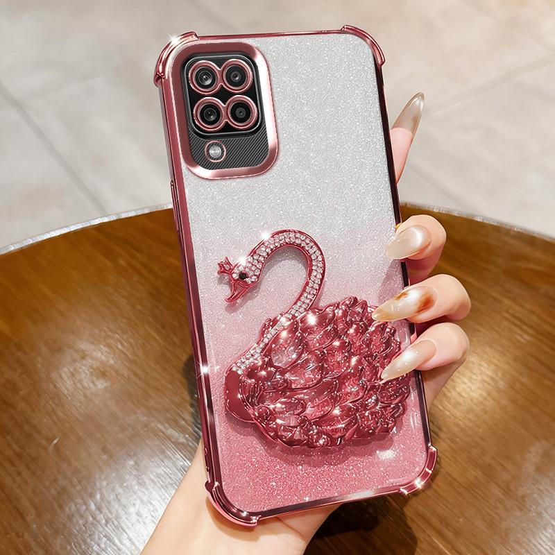 KEYSION Shockproof Plating Phone Case for Samsung A12 A22 4G Clear Soft TPU Glitter Jewelled Swan kickstand Back Cover for Galaxy M12