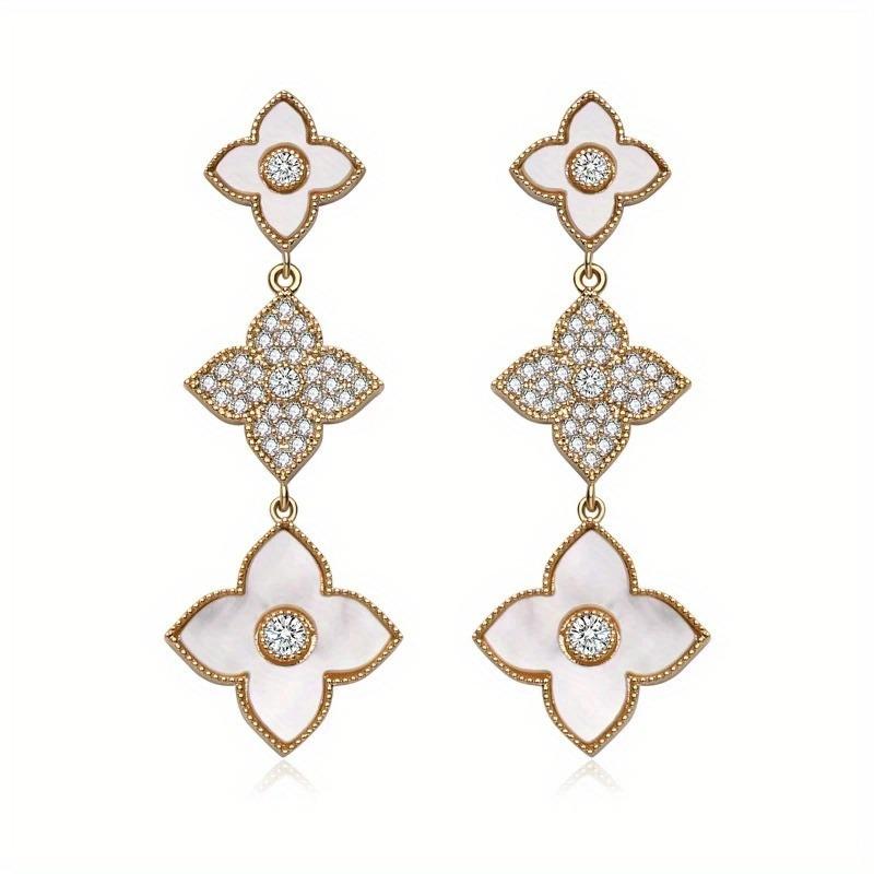 Golden Three-Section Four-Leaf Clover Earrings for Women Fashion Wedding Gift Jewelry