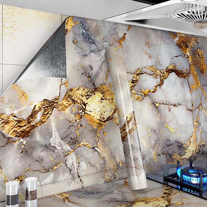 Selbstklebende Ölabweisende Goldene Marmor Wandfolie Wasserdicht Hitzebeständig Einfach zu Installieren Schmutzabweisend Wohnung Küchenaufkleber