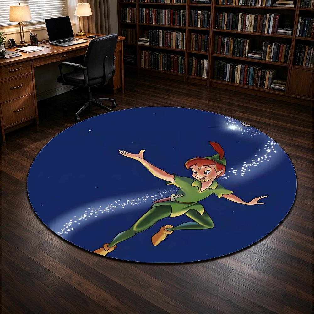 Round Rug Peter Pan Flying Tinker Bell Pixie Dust Starry Trail Navy Blue Classic Cartoon Decor