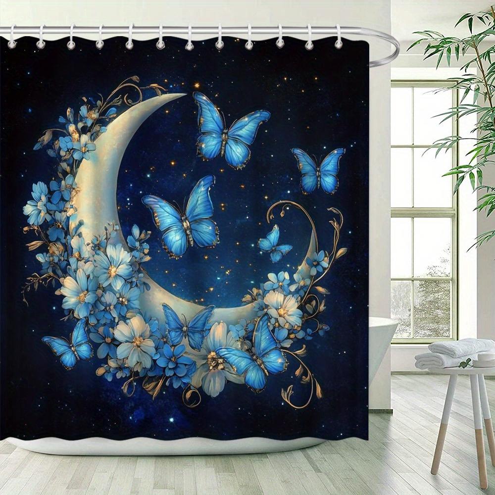 1pc Enchanted Forest Shower Curtain - Crescent Moon with Golden Vines & Blue Butterflies Design, Whimsical Magical Polyester Bat