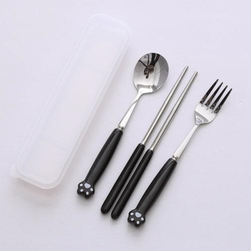 

TSQIBU 3-Piece Tableware Set (Spoon, Fork, Chopsticks, Spoon and Fork), Includes Storage Box, Lunch Box, and Cute Cat Paw Design (Black)