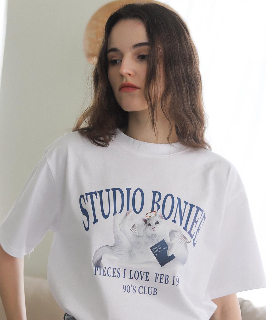 BONIEE Angel Cat Kitten Graphic Loose Oversized T-Shirt White