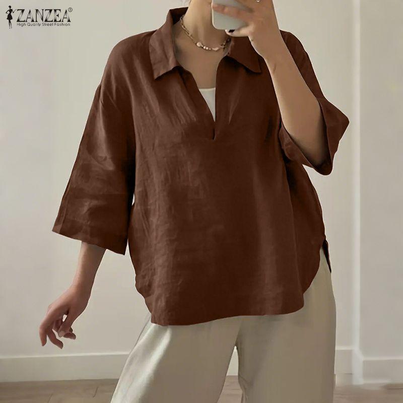 ZANZEA Damska swobodna bluzka z kołnierzykiem w dół, letnia, luźna, z krótkim rękawem