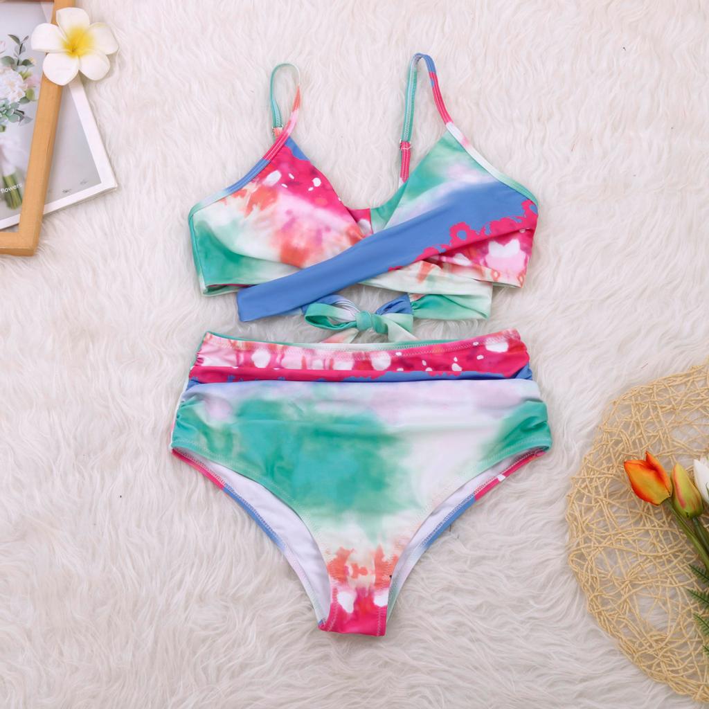 Two Piece Bikini Set with Wrap Around Top and High Waist Bottom Adjustable Straps and Stretch Fabric for Beachwear Swimwear
