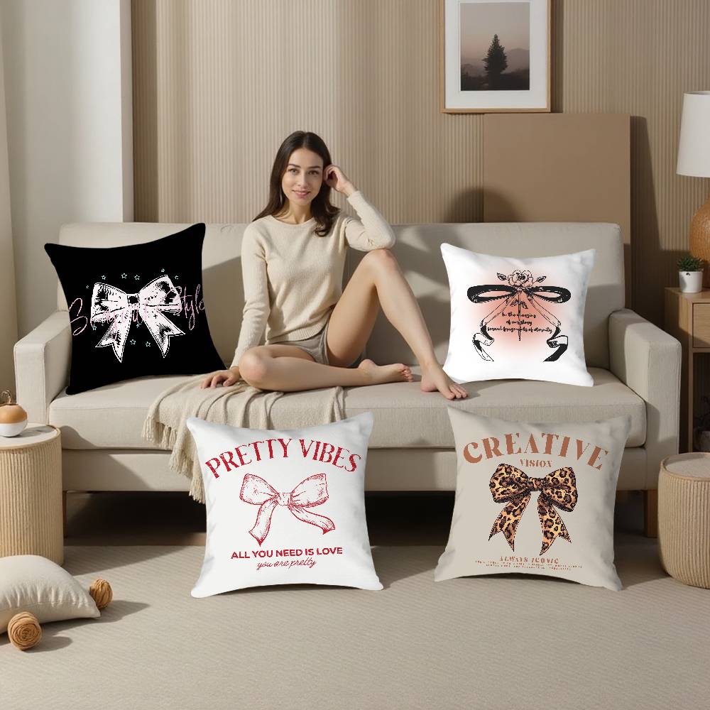 Korean Trendy Bow Pillow Case Plush Fabric Soft Double Sided Print Home Sofa High Quality Cushion Cover Throw