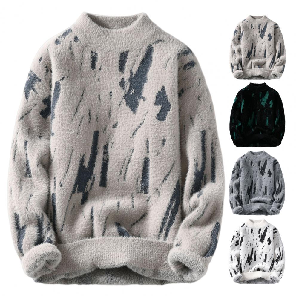 Men Winter Sweater Contrast Color Graffiti Thick Plush Half-high Collar Elastic Knit Long Sleeves Daily Wear School Dating Sweat