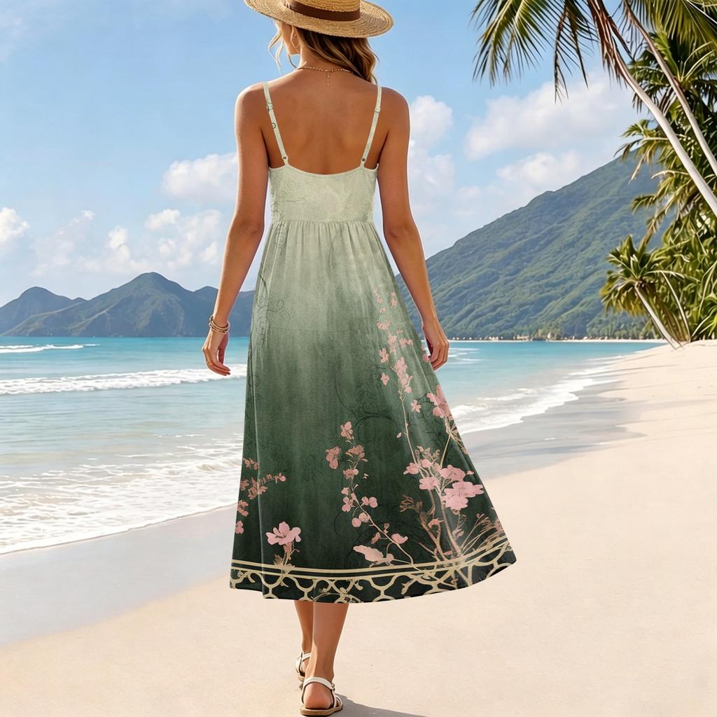 Sleeveless Spaghetti Strap Maxi Dress with Gradient Print Lightweight Flowy Fabric Casual Loose Fit Summer Sundress