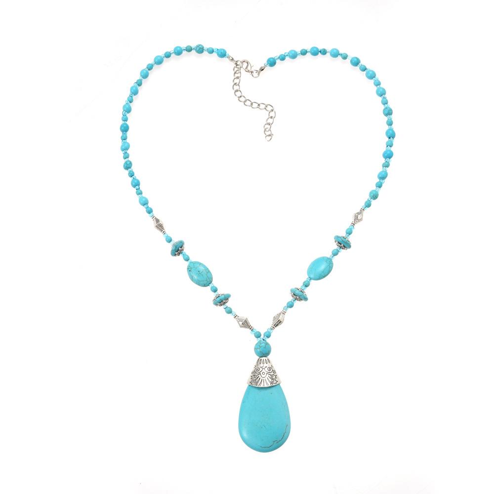 European American Bohemian Style Unisex Women's Turquoise Pendant Necklace Handmade Silver Plated Link Chain